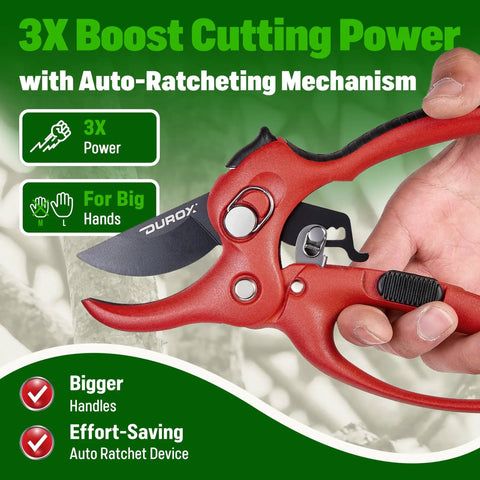 Close-up of Ratchet Pruning Shears With 3X Cutting Power Heavy Duty Anvil Pruners in hand showing auto-ratcheting mechanism.