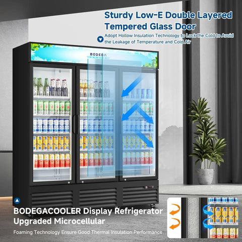 Real Deal 53 Cu Ft Three Door Commercial Display Refrigerator For Bodegas Beverage Merchandiser Cooler with double layered glass door.