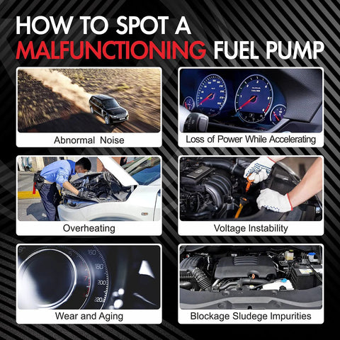 Infographic on spotting a malfunctioning fuel pump with images of car issues like abnormal noise and loss of power while accelerating.