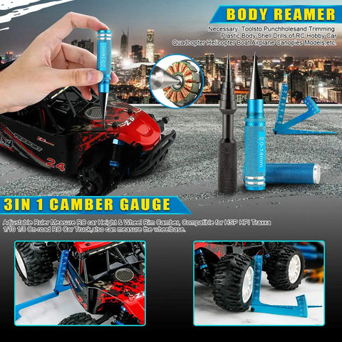 All In One Tool Kit For Remote Control Cars Boats Drones Quadcopters And Helicopters with hex drivers, body reamer, camber gauge.