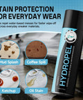 Shoe Protector Spray Waterproof Formula Builds Invisible Shield For Sneakers And Boots Against Rain Slush Mud And Coffee To Keep Your Kicks Looking Legit All Year Long on display with various stains.