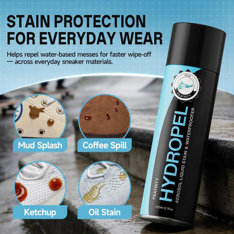 Shoe Protector Spray Waterproof Formula Builds Invisible Shield For Sneakers And Boots Against Rain Slush Mud And Coffee To Keep Your Kicks Looking Legit All Year Long on display with various stains.