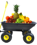 Beast Of A Heavy Duty Garden Cart Dump Truck With Air Wheels, 50 Liter Plastic Bucket, 300 Pound Load Capacity filled with fruit