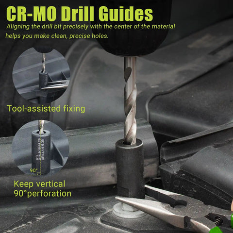 Close-up of CR-MO drill guide from Broken Bolt Extractor Set 25 Piece Kit For Stripped Damaged Rusted Rounded Off Bolts