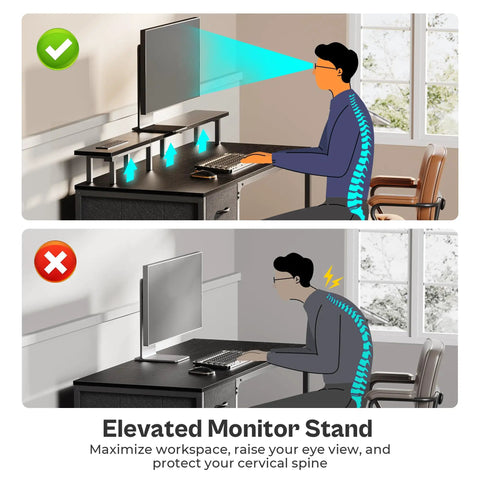 Comparison of correct and incorrect sitting posture with monitor stand on 47 Inch Computer Desk With Built In Power Outlets And LED Lights