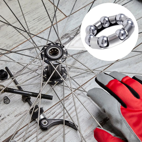 Four Pack 0.2 Inch Ball Bicycle Bearing Set For Crank Bottom Bracket Axle Replacement 7 Ball Bearings Each Repair Part For Bike Wheel Frame Fits Schwinn Mountain Genesis Stretch And Similar Models Silver with bike wheel and tools.