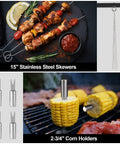 15 Piece Heavy Duty Stainless Steel Grill Tool Set With Long Sixteen And A Half Inch Spatula, Fork, Tongs, Basting Brush, Cleaning Brush, Skewers, Corn Holders, Thermometer And Carry Bag For Backyard Barbecues Cookout Ready featuring stainless steel skewers and corn holders