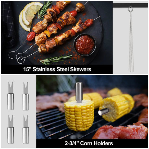 15 Piece Heavy Duty Stainless Steel Grill Tool Set With Long Sixteen And A Half Inch Spatula, Fork, Tongs, Basting Brush, Cleaning Brush, Skewers, Corn Holders, Thermometer And Carry Bag For Backyard Barbecues Cookout Ready featuring stainless steel skewers and corn holders