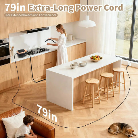 Kickstart Your Deep Clean Routine With This Heavy Duty Handheld Steam Cleaner That Blasts Through Grease And Grime In Seconds showing 79in power cord in modern kitchen.