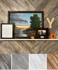 Vibe Ready Vinyl Wall Panels With Vintage Farmhouse Wood Pattern on wall with art and shelf