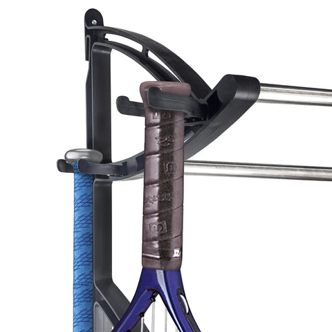 Garage Sports Gear Organizer Wall Mount Ball Rack And Storage System with rackets on heavy duty steel structure, close-up view.