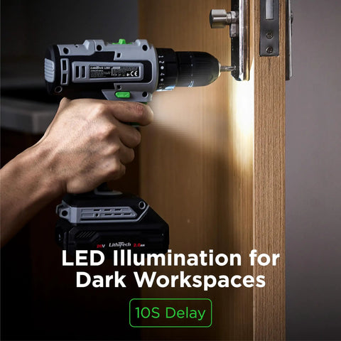 Cordless Drill Set With 20V Power Drill, 2.0Ah Battery And Fast Charger, Three Eighths Inch Keyless Chuck, in use on a door lock