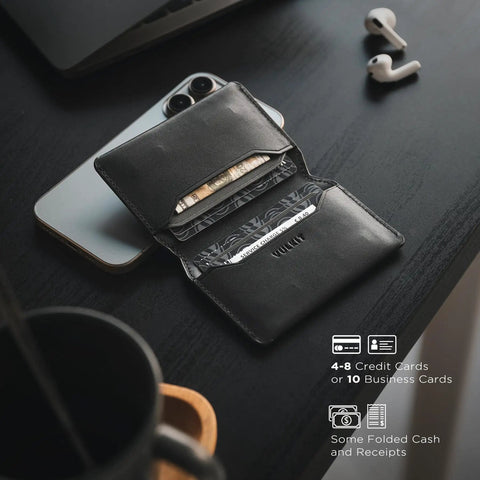 Black Ultra Slim Minimalist Card Holder With RFID Blocking Leather Front Pocket Wallet Magnetic Closure Built For Everyday Carry