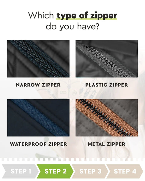 Chart illustrating different types of zippers including narrow, plastic, waterproof, and metal for Two Pack Waterproof Zipper Repair Kit Replacement Slider For Outdoor Jackets Dry Bags Camping Gear And Tech Cases Easy To Install No Tools No Sewing Fast Fix In Under 30 Seconds Made In Germany.
