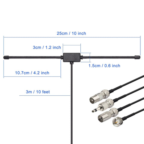 Indoor FM Dipole Antenna For Stereo Receivers And Home Theater Systems, 75 Ohm Unbalanced With Universal Connector, size details