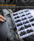 Close-up of 190 piece car retainer clips and fastener remover kit in use on a vehicle, showcasing 18 common sizes.