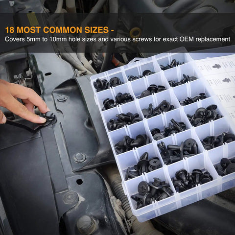 Close-up of 190 piece car retainer clips and fastener remover kit in use on a vehicle, showcasing 18 common sizes.