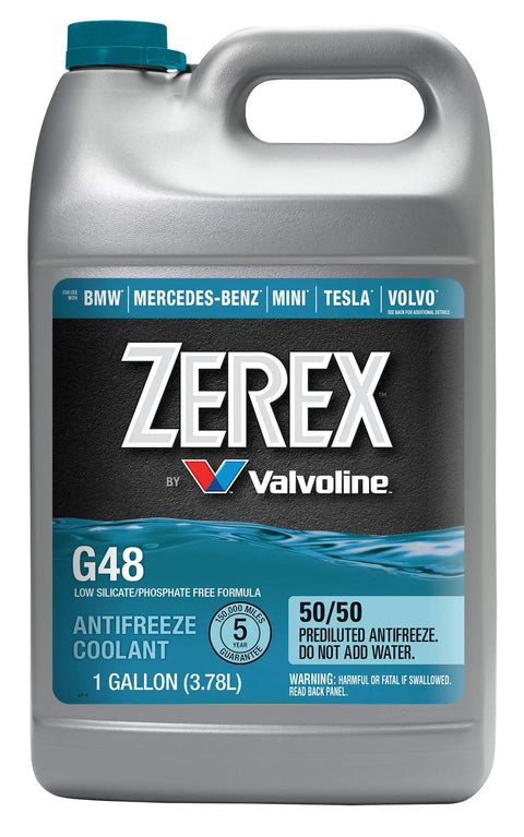 Top Shelf Heavy Duty G48 Antifreeze And Coolant Ready To Go 50 50 Mix Low Silicate Phosphate Free in a 1-gallon jug.