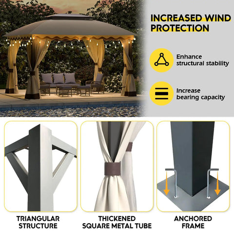 Outdoor Patio Gazebo 10 By 13 Heavy Duty Steel Frame With Mosquito Netting And Double Roof Canopy Tent Shelter for Patio Lawn Backyard Garden Rugged Weather Resistant Easy Setup All Season Backyard Oasis with increased wind protection features.