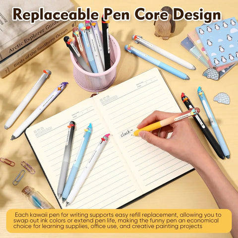 Person writing with 16 Penguin Pens With 0.5mm Retractable Tips, Totally Cute Cartoon Kawaii 3D Penguin Topper, office supplies on desk