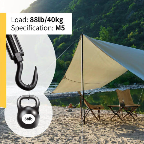 Camping setup with 88 lb weight and M5 Hook And Eye Turnbuckle Set Of 5 304 Stainless Steel Heavy Duty Wire Rope Tensioners