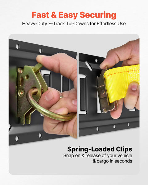 Close-up of E Track Tie Down Rail Kit 4 Pack 2 Ft Rails with Ratchet Straps showing spring-loaded clips in use.