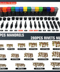 16 Inch Rivet Nut Gun Kit With 15 SAE And Metric Mandrel Sizes, 18 Mandrel Sets, 280 Rivet Nuts assorted sizes organized