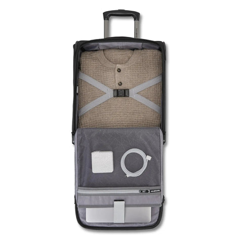 Ascella 4 Underseater Carry On Luggage that Fits Under Airplane Seats with organized interior, showing grey strapped clothing and essentials.