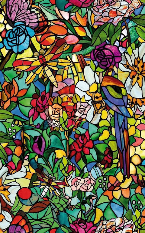Self-Adhesive Privacy Glass Window Film In Spring Chapel Tulia Pattern, 17 By 78 Inch Roll, colorful floral and bird design