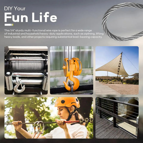 One Quarter Inch Stainless Steel Cable, 350 Feet With Clamps and Thimbles for Zipline, String Lights, Deck Railing Installation