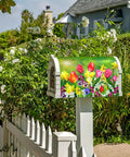 Spring Tulip Magnetic Mailbox Cover 21 By 18 Inches Fits Standard Mailboxes, displayed on outdoor post near flower garden