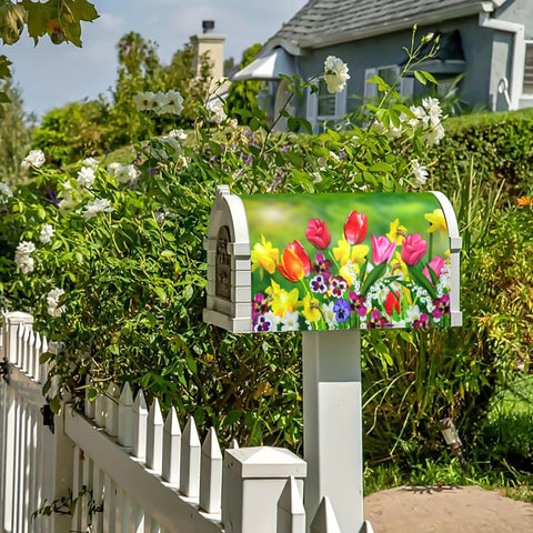 Spring Tulip Magnetic Mailbox Cover 21 By 18 Inches Fits Standard Mailboxes, displayed on outdoor post near flower garden