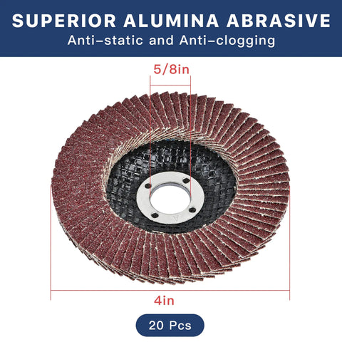 4 Inch Flap Discs Set For Angle Grinders, 20 Pcs Assorted Grit 40 60 80 120, detailed view of a single 4-inch disc with alumina abrasive
