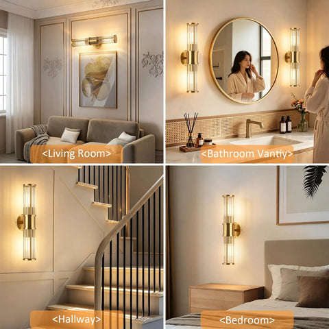 Klighten Hardwired Wall Sconce Modern Brushed Brass Bathroom Vanity Light in multiple settings including living room and bathroom.