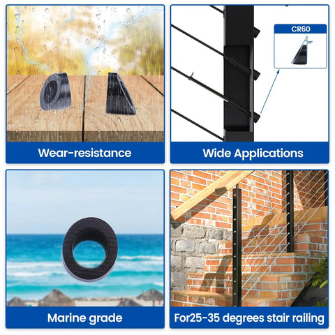 Diagram showing 10 Pack Black Beveled Cable Railing Washers, 25, 30, and 35 Degree Angled, T316 Stainless Steel usage on stairs.