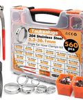 560 Piece Single Ear Hose Clamps Kit Pro Grade Stepless 22 Size From 5.3 mm To 36.1 mm 304 Stainless Steel Clamps With Pliers And PEX Pipe Cutter Tool In A Portable Toolbox For Automotive And Fuel Line Repair displaying contents.