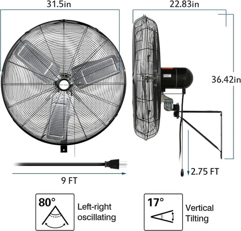 Dimensions of 9500 CFM 30-Inch High Velocity Industrial Wall Fan With 3-Speed Wall Mount Oscillation for garage and warehouse use.