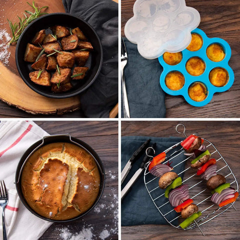 Six Piece Air Fryer Accessory Set For 3.7 Qt And Larger Ovens Including Cake Pan, Pizza Pan, Skewer Rack, Metal Holder, Nonstick
