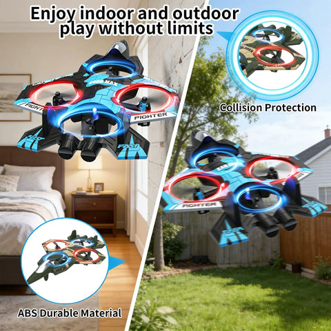 Fighter Mini RC Airplane For Kids And Newbies Hand Launch Stunt Drone in indoor and outdoor settings, showcasing auto hover.