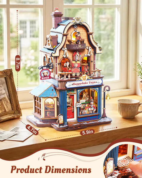 Build Your Own Bear Toy Store Miniature House Kit With 3D Wooden Puzzles And Moving Mechanics, DIY Dollhouse Studio For Grownups Featuring A Toy Train Circle And A Swaying Teddy Bear Conductor On Cozy Display Shelves, 8.7in tall