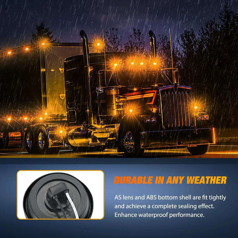 Truck with 2 Inch Round Amber Marker Light With 9 LEDs, Flush Mount Clearance Light in rain