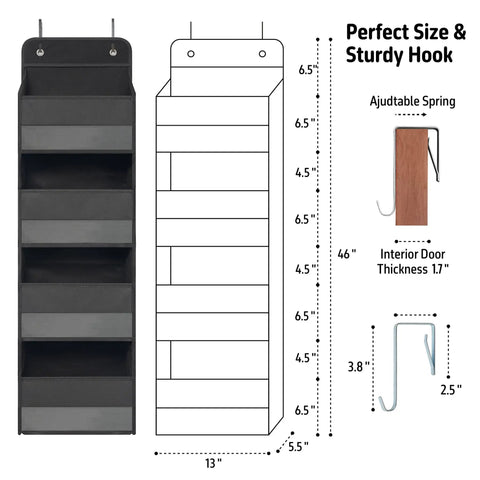 Over The Door Hanging Organizer With Four Large Pockets And Clear Windows, size dimensions and sturdy hook details in black.