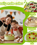 Woman and child decorating a cake with piping, smiling at the camera, surrounded by cupcakes and desserts.