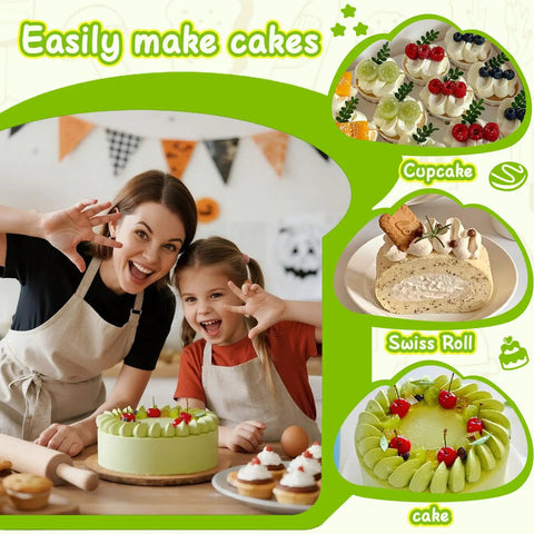 Woman and child decorating a cake with piping, smiling at the camera, surrounded by cupcakes and desserts.