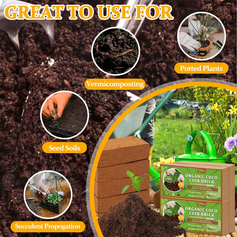 Image showing uses for Two Pack Organic Coco Coir Bricks For Garden Soil 8x4x2 Inch Each 1.4 Lb 100 Percent Natural Coconut Pith.