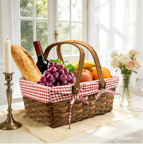 Dual Size Picnic Basket Set With Double Folding Handles 16 Inch Woodchip Woven Basket With Removable Red And White Liner filled with food