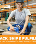 Person using dispenser with Clear Packing Tape 60 Yards Per Roll, Pack of 6 Rolls, 2.7 Mil Thick Heavy Duty Adhesive in warehouse
