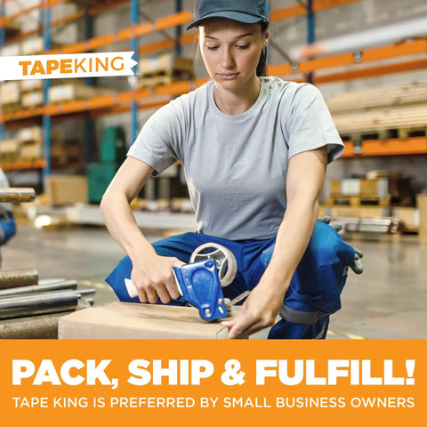 Person using dispenser with Clear Packing Tape 60 Yards Per Roll, Pack of 6 Rolls, 2.7 Mil Thick Heavy Duty Adhesive in warehouse