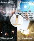 Tough As Nails Outdoor Edison String Lights Waterproof With Warm White Led Bulbs For Backyard Patio Gazebo And Pergola Lighting Using Shatterproof Plastic Bulbs In Soft 2200K Glow That Connect Together Easily shown in various weather conditions.