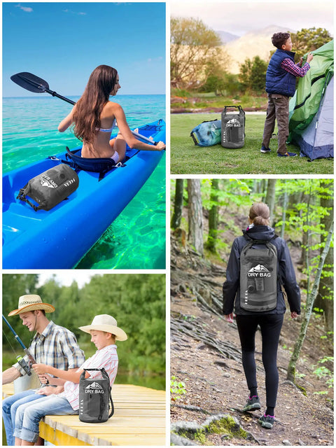Waterproof Dry Bag 10L Roll Top Unisex Grab and Go Outdoor Gear in use for kayaking, camping, fishing, and hiking adventures.